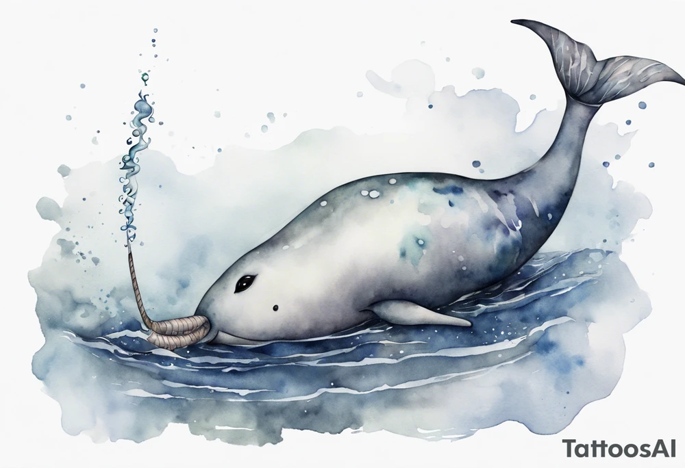 a melancholy watercolor painting of a realistic narwhal in a grey sea tattoo idea