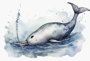 a melancholy watercolor painting of a realistic narwhal in a grey sea tattoo idea