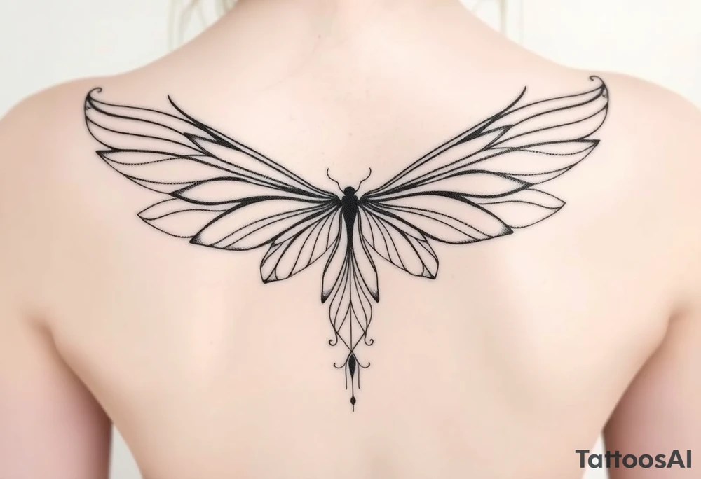 Long wispy fairy wings folded closed down full back tattoo idea
