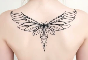 Long wispy fairy wings folded closed down full back tattoo idea