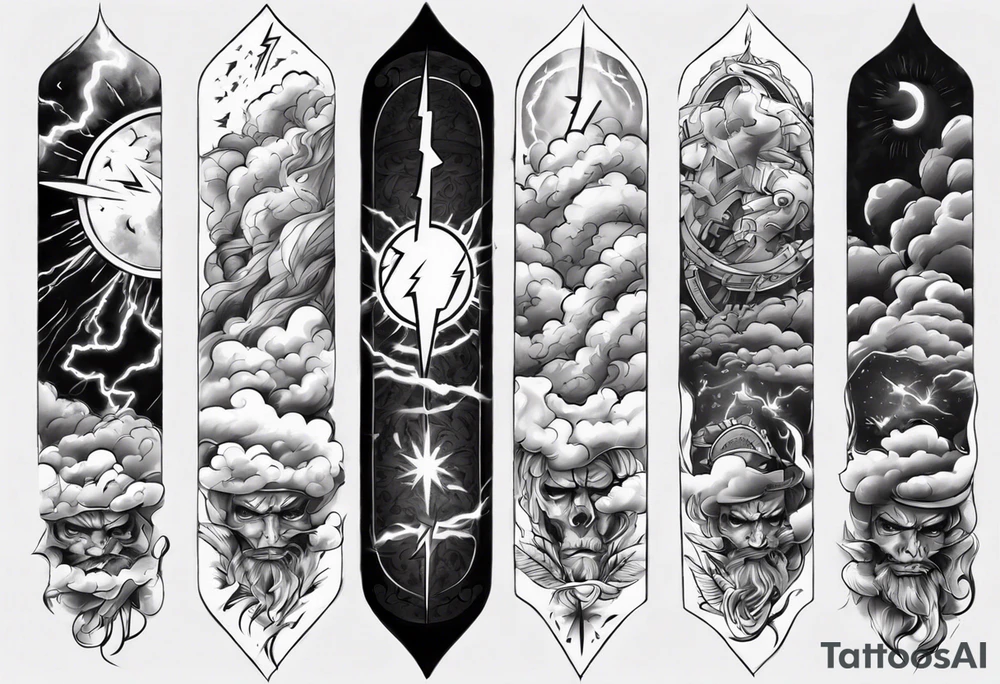 forearm sleeve lightning and clouds pattern tattoo idea