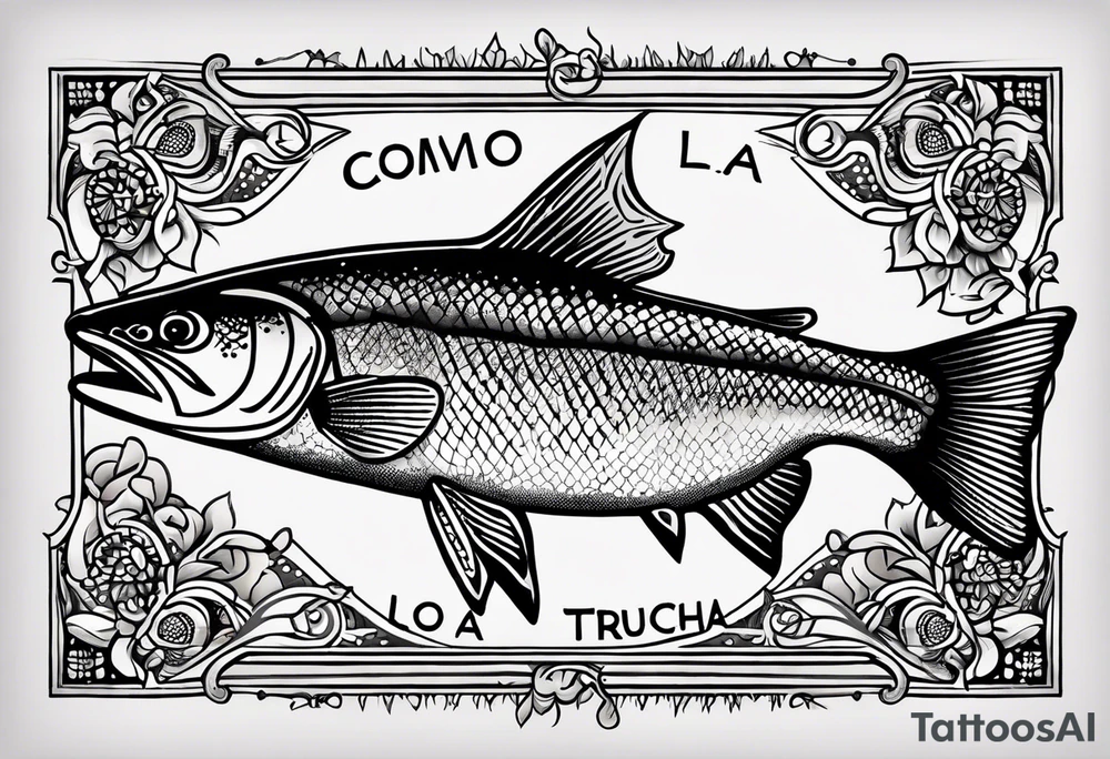 A small tattoo with a shaded trout and text that says, 'Como la trucha...' drawn with fine lines." tattoo idea