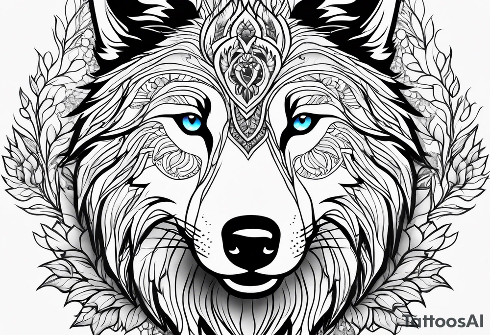 Wolf face with nature background tattoo idea