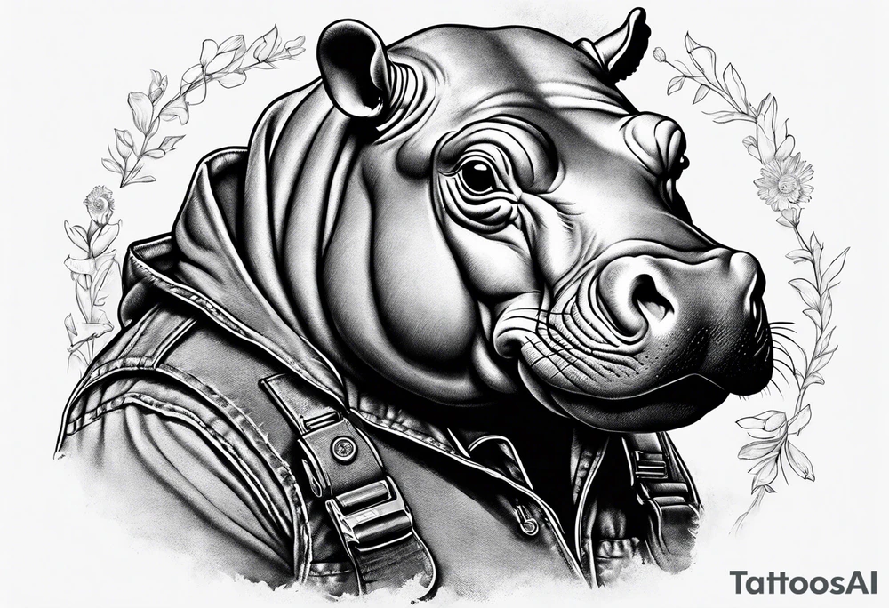 Baby hippo wearing overalls and holding a gun tattoo idea