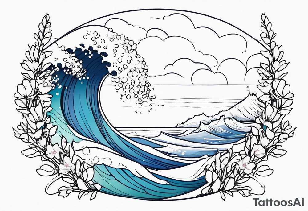 ocean wave surrounded by lupin and fireweed vines tattoo idea