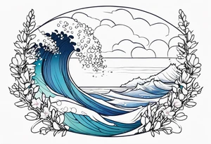 ocean wave surrounded by lupin and fireweed vines tattoo idea