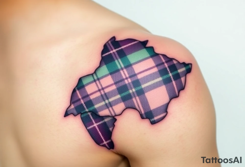 Side of arm Dark Purple with green pink blue and white highlights tartan fabric 
with skin ripping away at edges tattoo idea