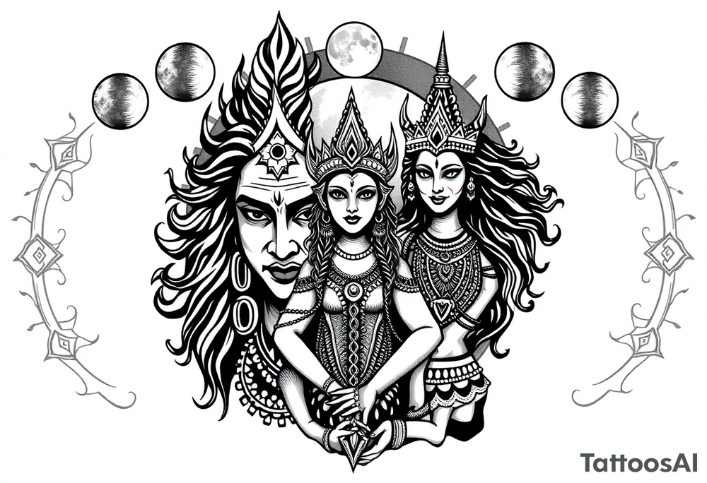 Lord Shiva, Godess Kali, Godess Lilith with the moon phases in the background tattoo idea