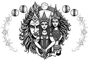 Lord Shiva, Godess Kali, Godess Lilith with the moon phases in the background tattoo idea