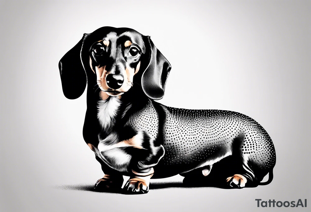 Create a minimalist tattoo of a small Dachshund, capturing its unique shape and playful demeanor with clean lines. tattoo idea