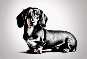 Create a minimalist tattoo of a small Dachshund, capturing its unique shape and playful demeanor with clean lines. tattoo idea