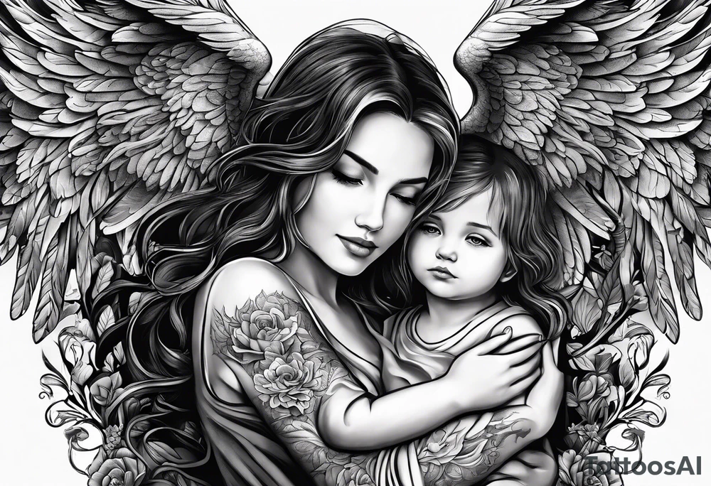 Birth date of my son, touch of god, angels, wife hands, full outside sleeve tattoo idea