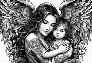 Birth date of my son, touch of god, angels, wife hands, full outside sleeve tattoo idea