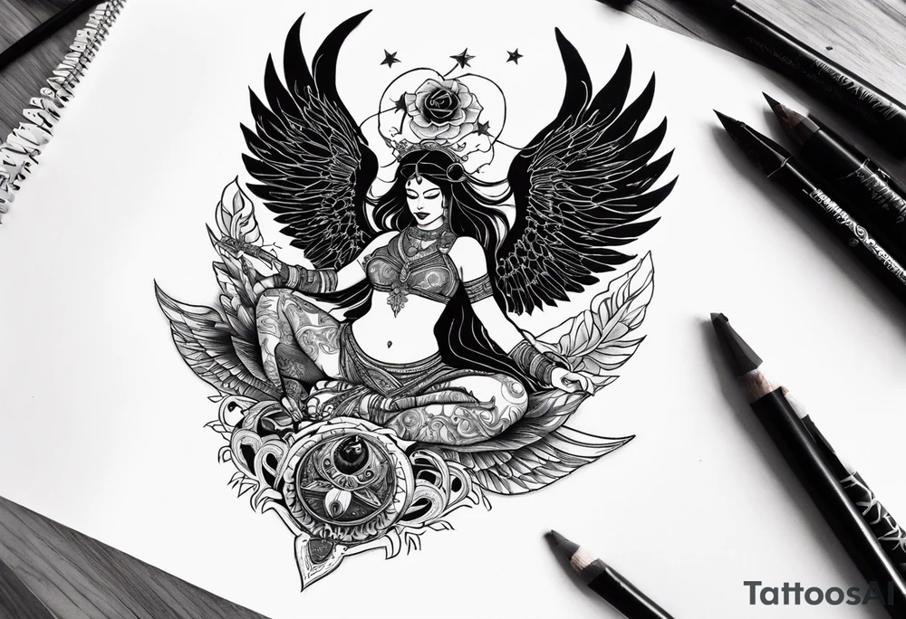 black kali, goddess pirate, alien, angel, pachamama, valkrye, warrior, flying, skull, lotus azul, wing, eagle, zenza resonance, stars, 5D, anahata chakra, death, durga, riding on a tiger, flying lady, chest tatoo tattoo idea