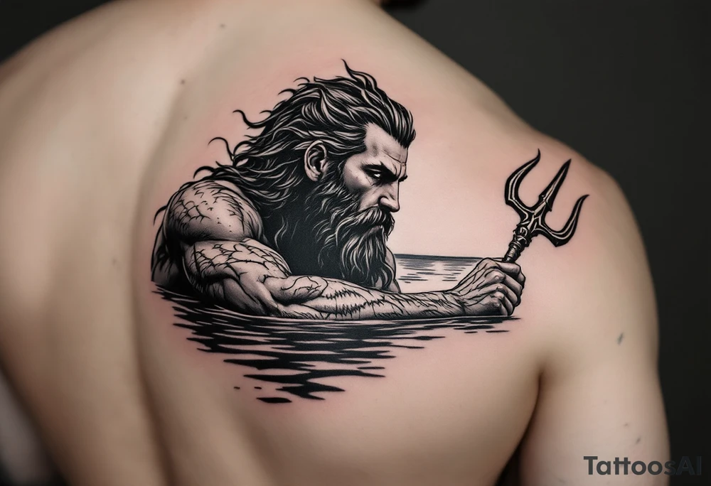 fit poseidon, with trident, in calm water, looking at the horizon tattoo idea