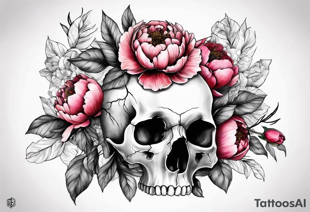 Human skull and horse skull with peonies. Big enough to fit on a female rib cage tattoo idea