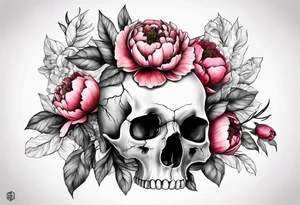 Human skull and horse skull with peonies. Big enough to fit on a female rib cage tattoo idea