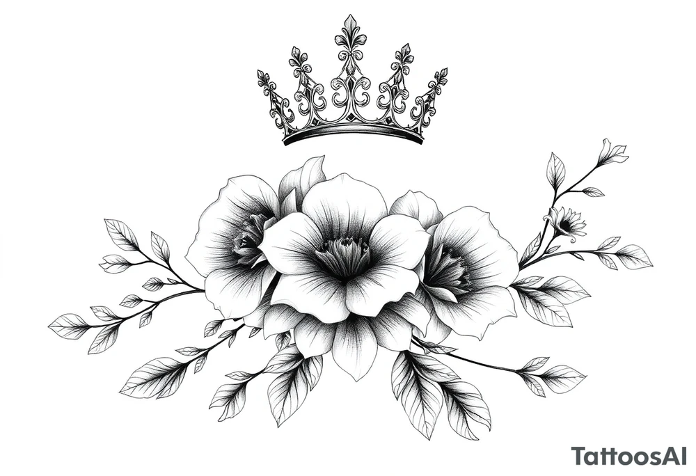 detailed beautiful gothic boho flowers on vine with gorgeous crown ornamental tattoo idea