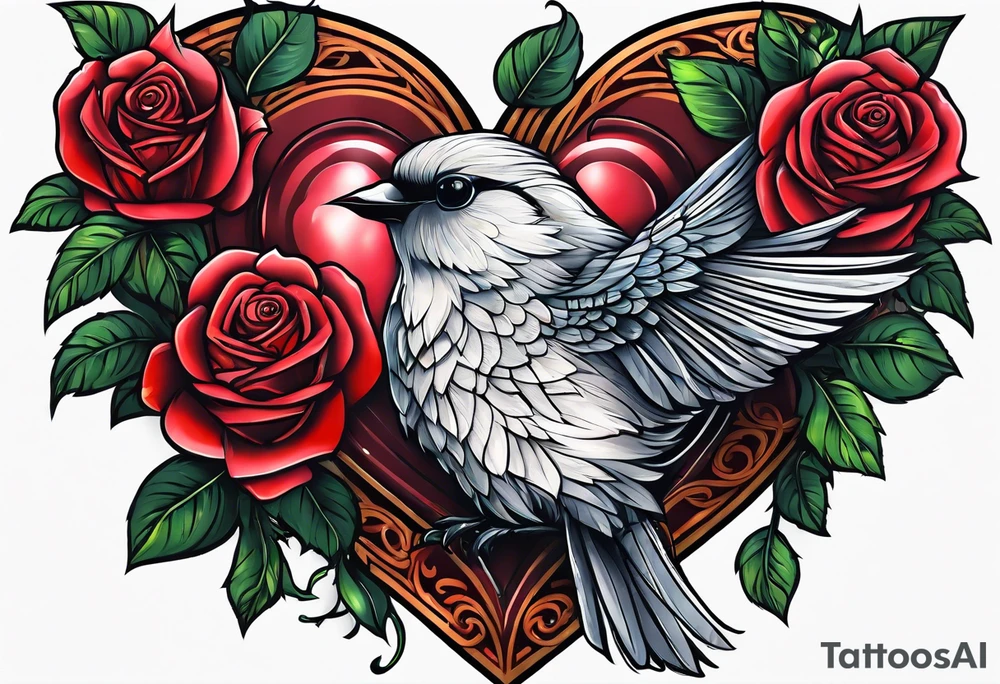 heart, rose, bird tattoo idea