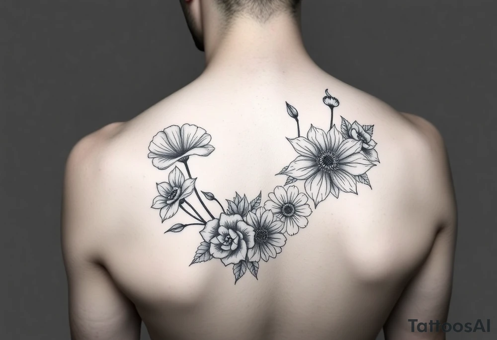poppy, gladiolus, holly, narcissistic, poinsettia, daisy, and sweet pea arm tattoo tattoo idea