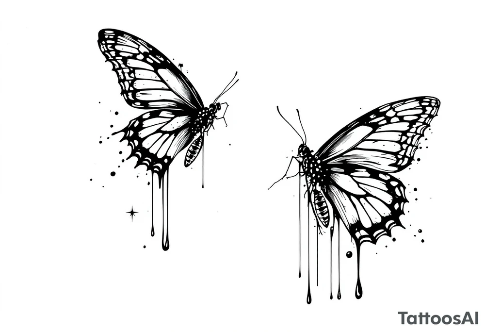 Bleeding butterfly and a second one who is in mental horror style and his placement is left and down from the first one tattoo idea