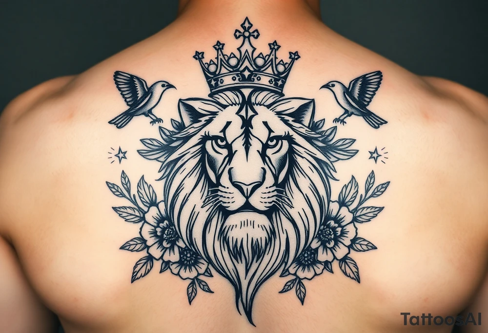 powerful majestic lion with a crown, surrounded by floral ornaments and birds tattoo idea