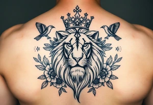 powerful majestic lion with a crown, surrounded by floral ornaments and birds tattoo idea