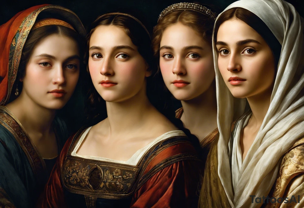 Three women's faces next to each other. The woman on the left is still a girl about 13 years old, the woman in the middle is about 40 years old and the one on the right is about 75 years old. The woman in the middle is looking at the bearer. The other two are looking at the woman in the middle. The tattoo is shaded on the chest of a man in black and white tattoo idea