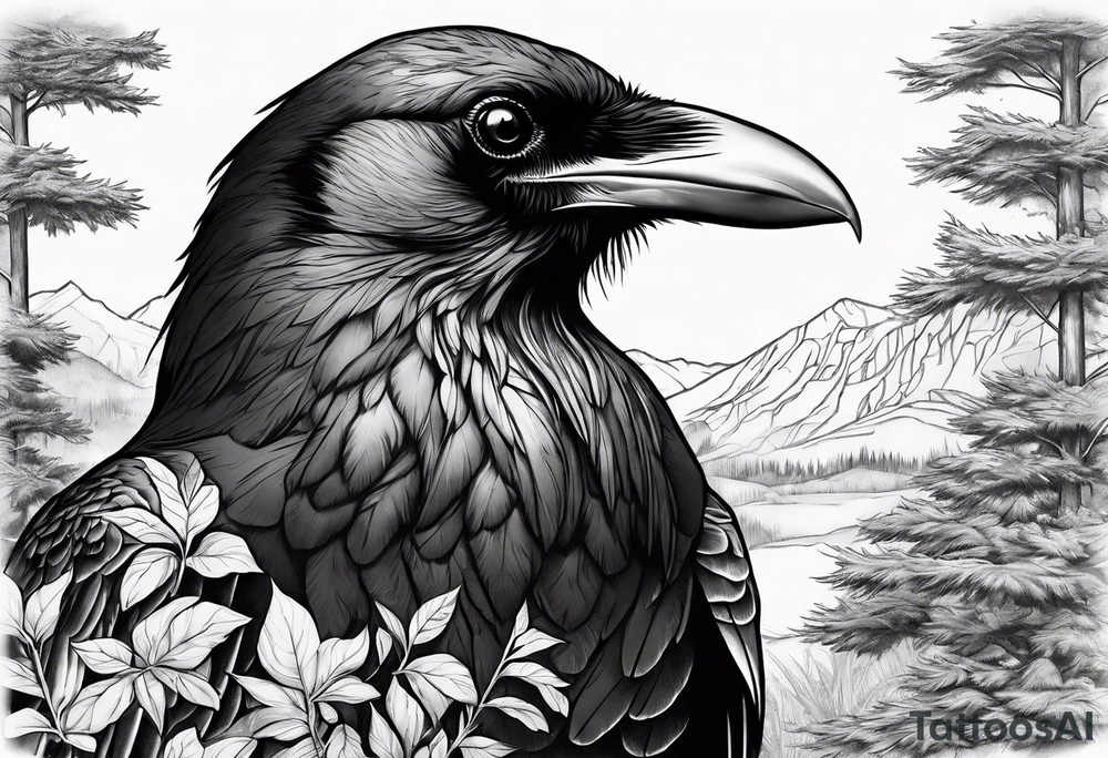Big raven in nature tattoo idea
