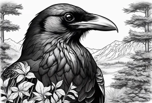 Big raven in nature tattoo idea
