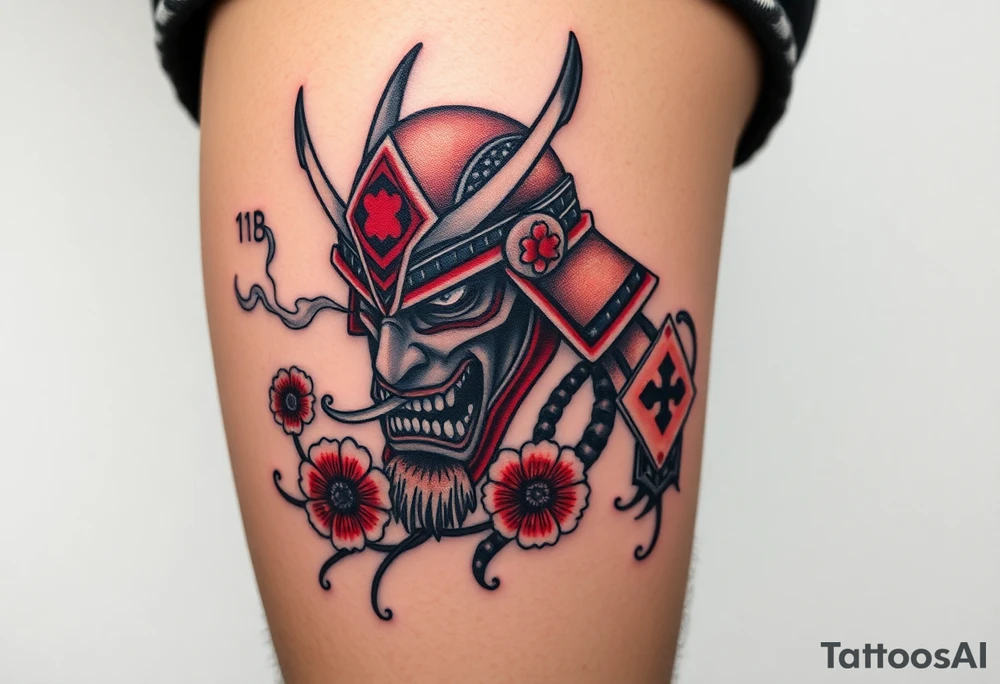 Rouge ronin with smoke coming out of its mouth with 11b tattooed under its left eye with 1 poppy on each side of the ronin tattoo idea