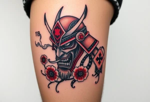 Rouge ronin with smoke coming out of its mouth with 11b tattooed under its left eye with 1 poppy on each side of the ronin tattoo idea