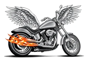 Low rider grey motorcycle, big muffler pipes with flames, angel wings, driving away, no person tattoo idea