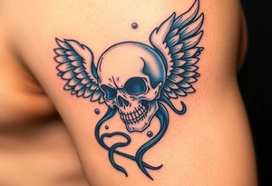 A skull-faced angel surrounded by swirling winds, colored in shades of dark blue and silver, with faint glowing orbs of light. tattoo idea