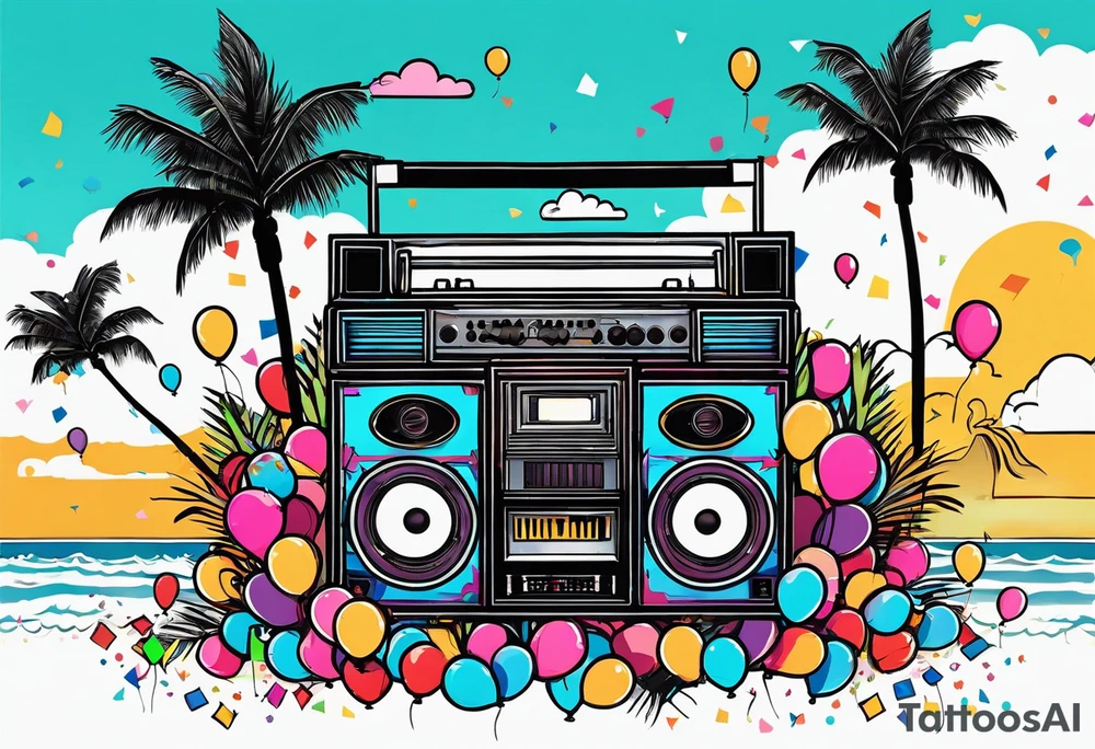 1980's style big boom box mith confetti, balloons and music notes against miami vice style beach background tattoo idea