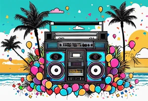 1980's style big boom box mith confetti, balloons and music notes against miami vice style beach background tattoo idea