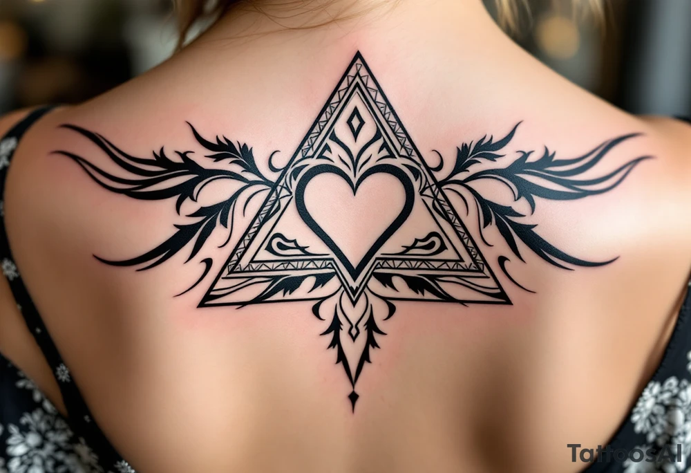 A triangle with a big heart in the center with a 
travel theme tattoo idea