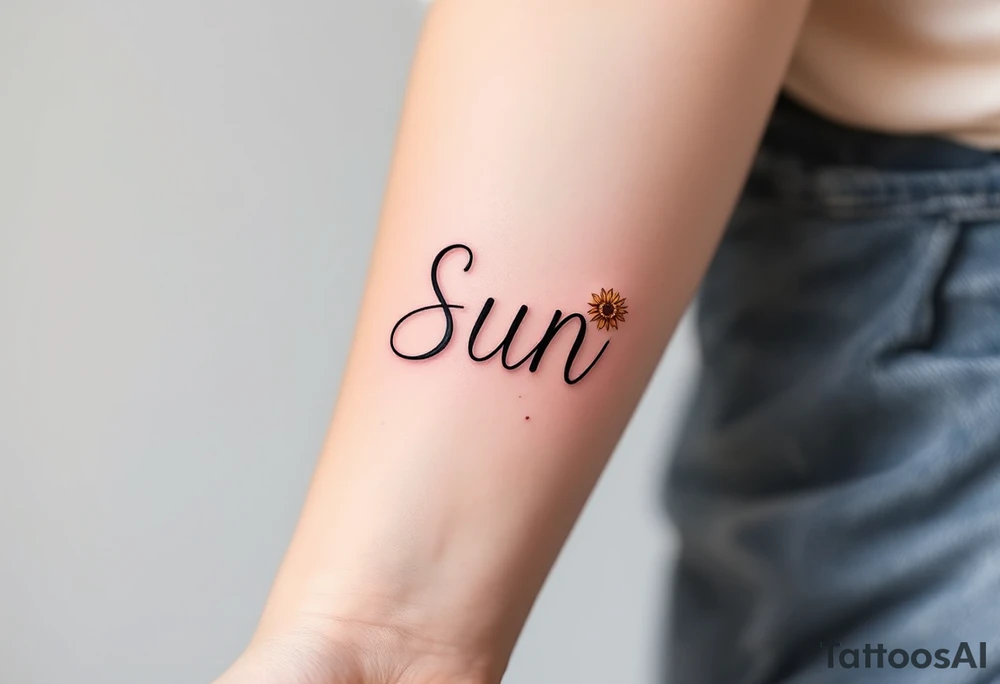 Word "Sun" written vertical with small sunflower in pink tattoo idea