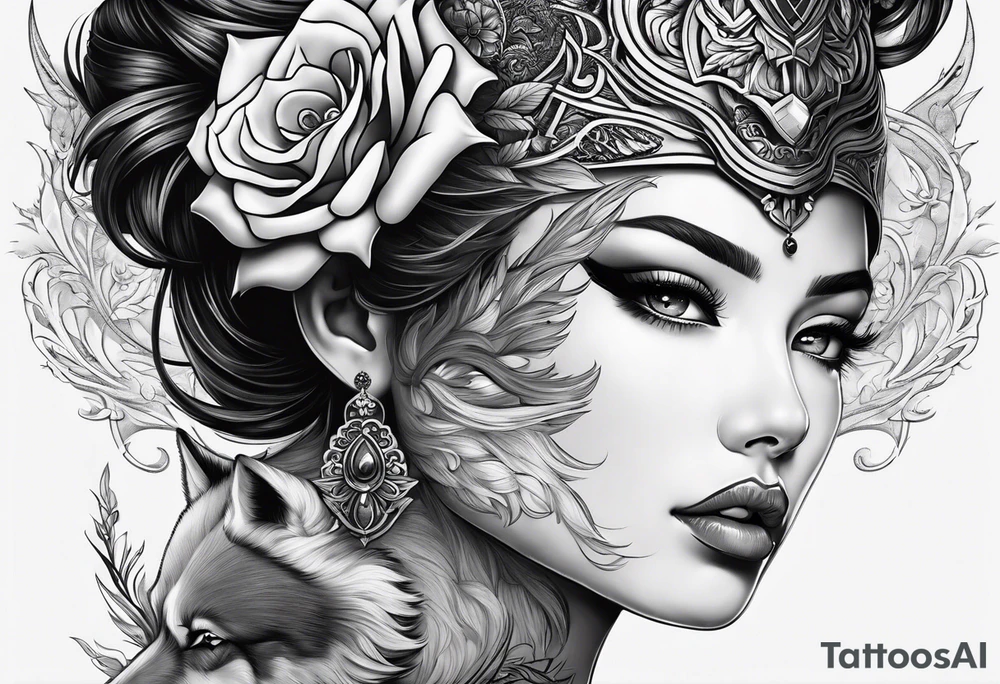Woman’s face splitting into another with wolf cut hair tattoo idea