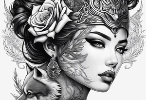 Woman’s face splitting into another with wolf cut hair tattoo idea