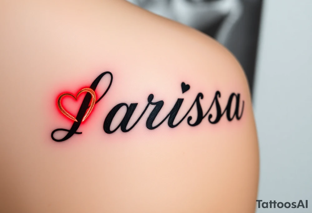 Can you make the name larissa in cursive but in black but put a little heart in above the i and the r and add a faint but visable red glowing around the name dont make the red too bright and show it on the forearm tattoo idea