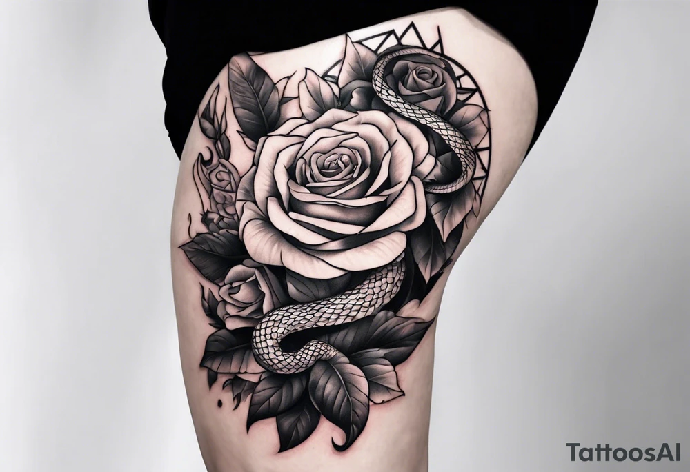 Large thigh tattoo with a snake rapping around a rose tattoo idea ...
