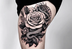 large thigh tattoo with a snake rapping around a rose tattoo idea