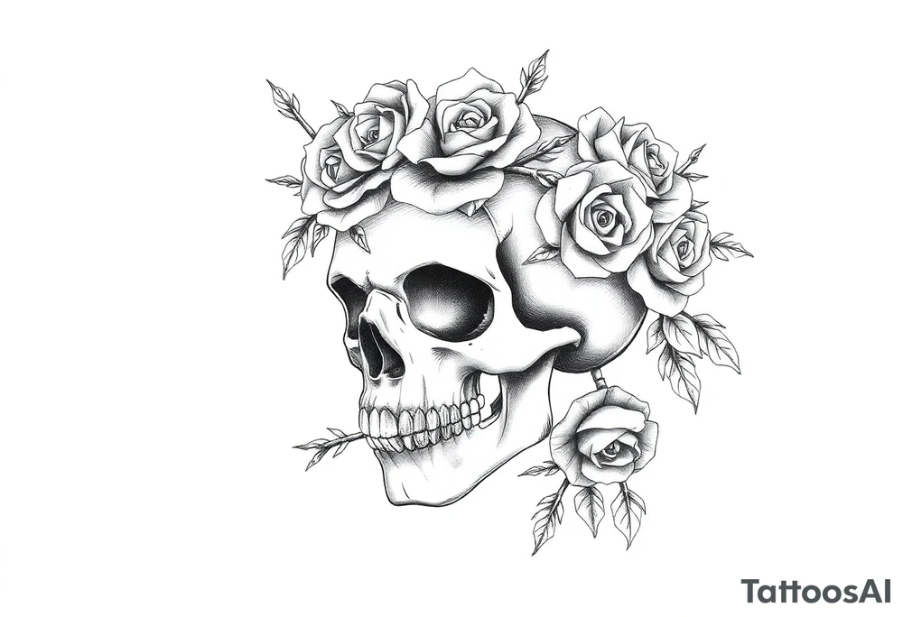 ornate skull adorned with crown of wild roses and thorns tattoo idea