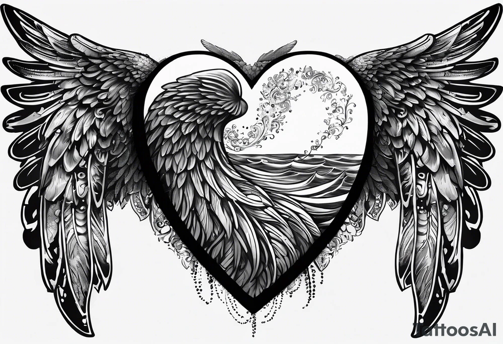 fingerprint heart for back of the neck, with quote "the ocean knew her story" going down the spine , with dying angel wings on the rest of the back tattoo idea