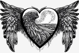 fingerprint heart for back of the neck, with quote "the ocean knew her story" going down the spine , with dying angel wings on the rest of the back tattoo idea