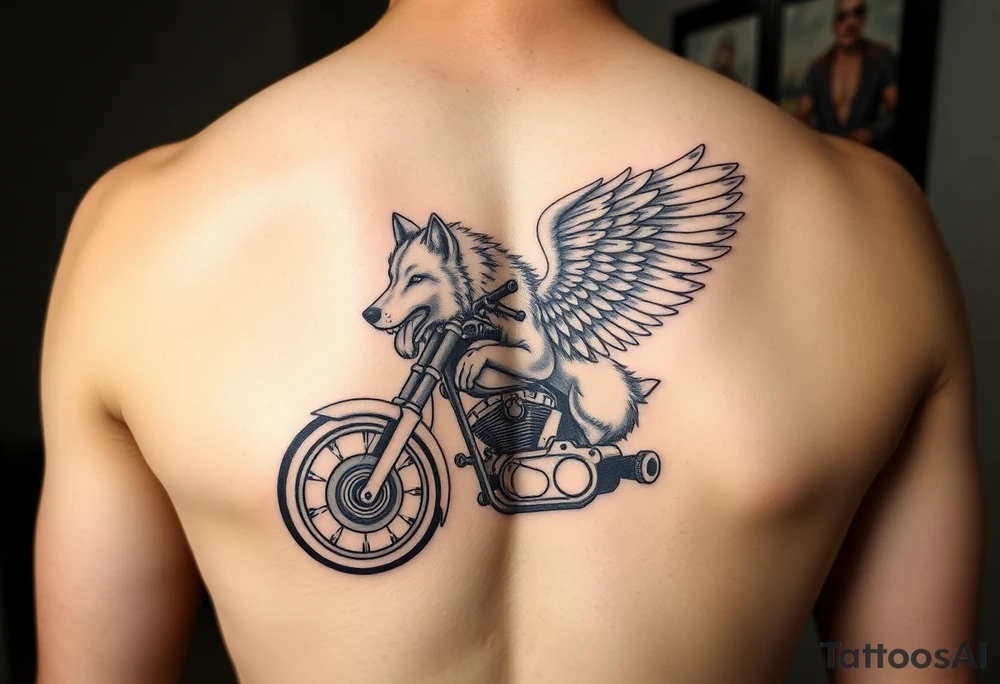 guardian angel wolf on a motorcycle tattoo idea