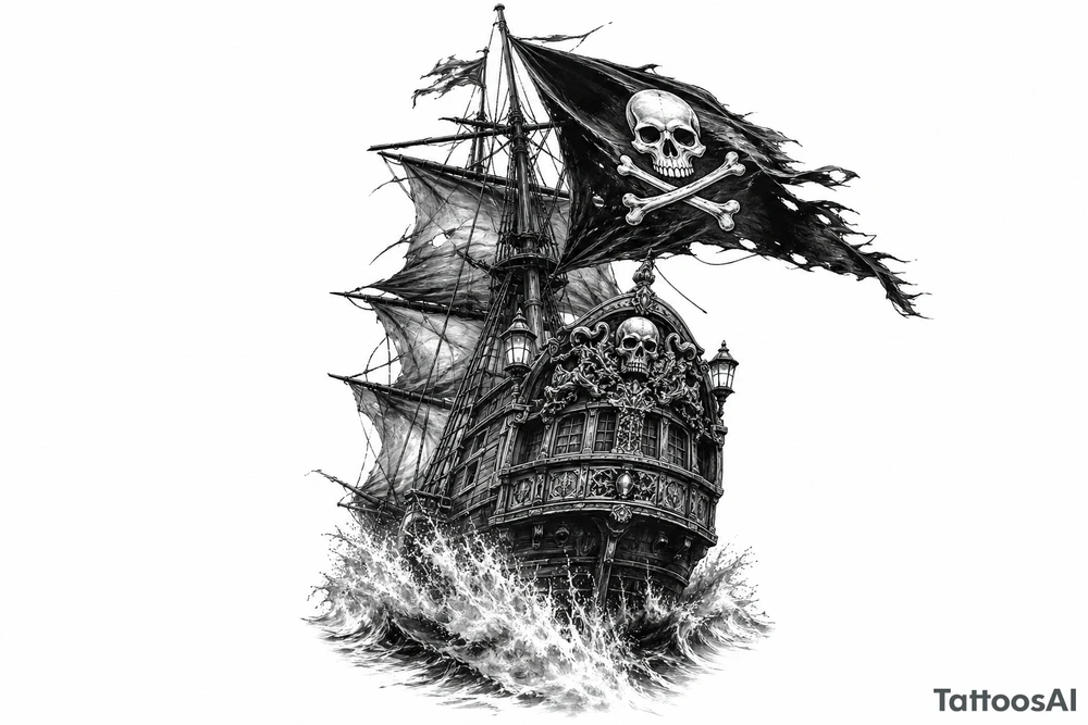 Detailed pirate ship stern, waves crashing over deck, tattered Jolly Roger flag. tattoo idea