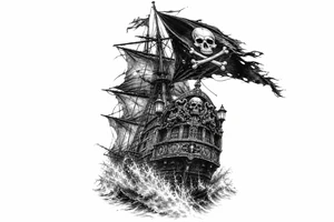 Detailed pirate ship stern, waves crashing over deck, tattered Jolly Roger flag. tattoo idea