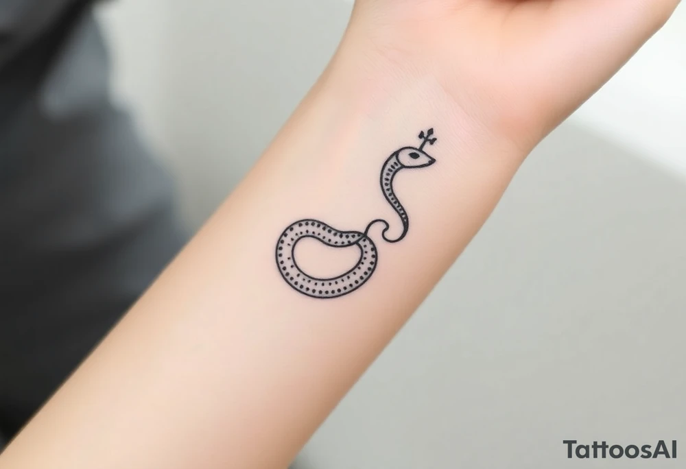 I want a small simple silhouette lines black and white wrist princess like girl snake tattoo that has number 12821 on its body along and also I want it to represent feminine energy crown queen Cycle tattoo idea